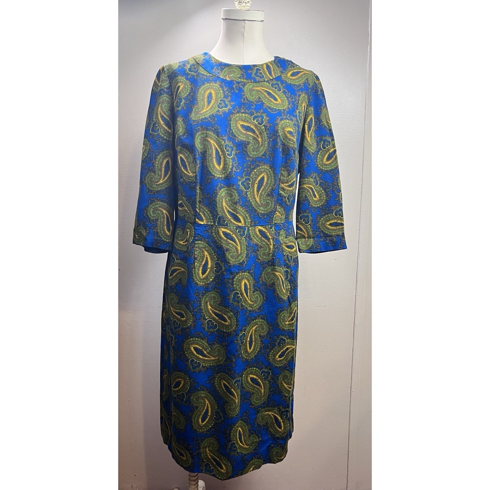Vtg 60s Paisley Blue Green Women's Medium Knee Puritan Forever Young Dress